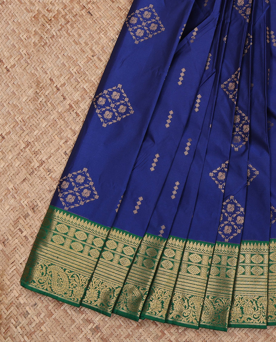 Blue Budget Silk Saree, Finely Woven with Zari Buttas All Over Its Body, Complemented by a Contrast Traditional Zari Design Border, Grand Pallu, and Paired with a Contrast Blouse