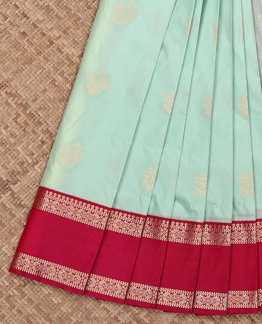 Turquoise Budget Silk Saree, Subtly Woven with Zari Buttas All Over Its Body, Complemented by a Contrast Traditional Zari Design Rettai Pettu Border, Pallu of Jaal Designs, and Paired with a Contrast Blouse