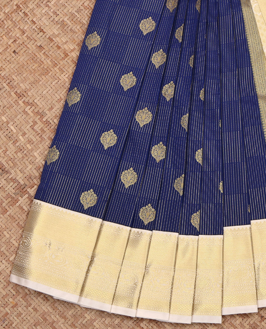Navy Blue Budget Silk Saree, Accentuated with Zari Buttas and Checks, Complemented by a Contrast Traditional Zari Design Border, Intricately Designed Pallu, and a Contrast Blouse