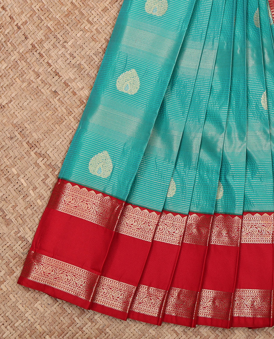 Blue Budget Silk Saree, Woven with Zari Buttas and Stripes, Complemented by Contrast Traditional Rettai Pettu Border, Grand Pallu and a Contrast Blouse