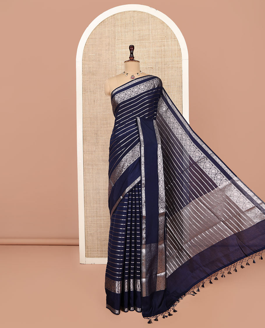 Navy Blue Assam Silk Saree, Spotlighted with Zari Stripes, Highlighted by a Traditional Zari Border, Zari Striped Pallu, and a Matching Blouse