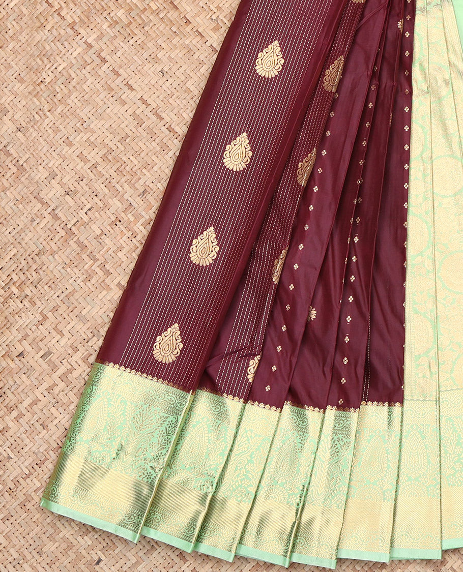 Maroon Budget Silk Saree, Ornamented with Zari Buttas, Contrast Traditional Zari Border, Grand Pallu, and a Contrast Blouse