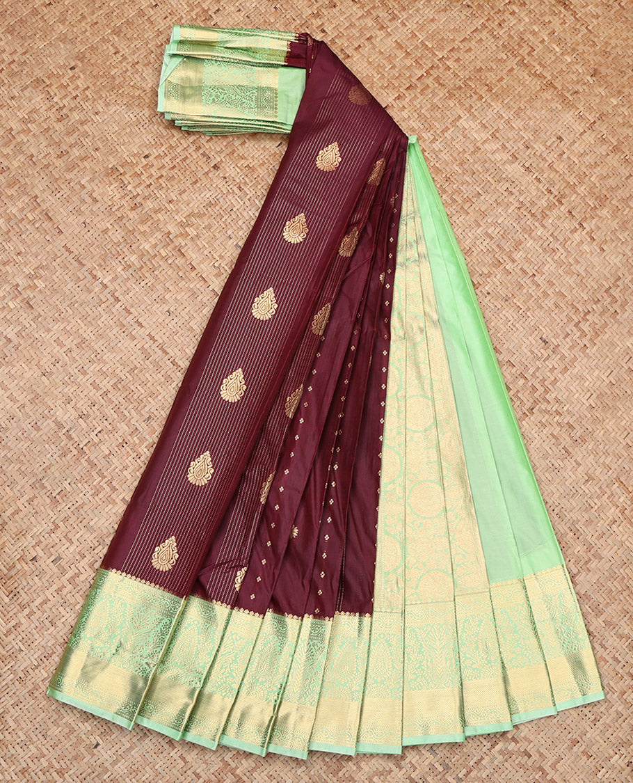Maroon Budget Silk Saree, Ornamented with Zari Buttas, Contrast Traditional Zari Border, Grand Pallu, and a Contrast Blouse