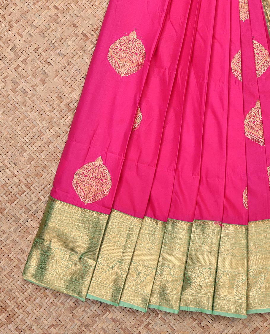 Pink Budget Silk Saree, Decked Up with Zari Buttas, Complemented by Contrast Traditional Zari Border, Grand Pallu and a Contrast Blouse