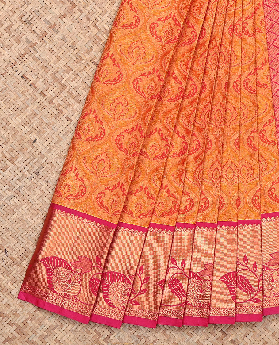 Orange Budget Silk Saree, Bedecked with Jacquard, Complemented by Contrast Leaf Vine and Peacock Zari Border, Jaal Pallu, and a Contrast Blouse