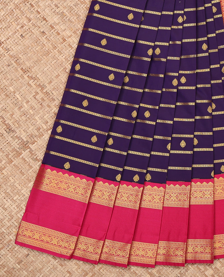 Violet Budget Silk Saree, Gleamed Up with Zari Buttas and Stripes, Complemented by a Contrast Traditional Zari Rettai Pettu Border, Grand Pallu, and a Contrast Blouse