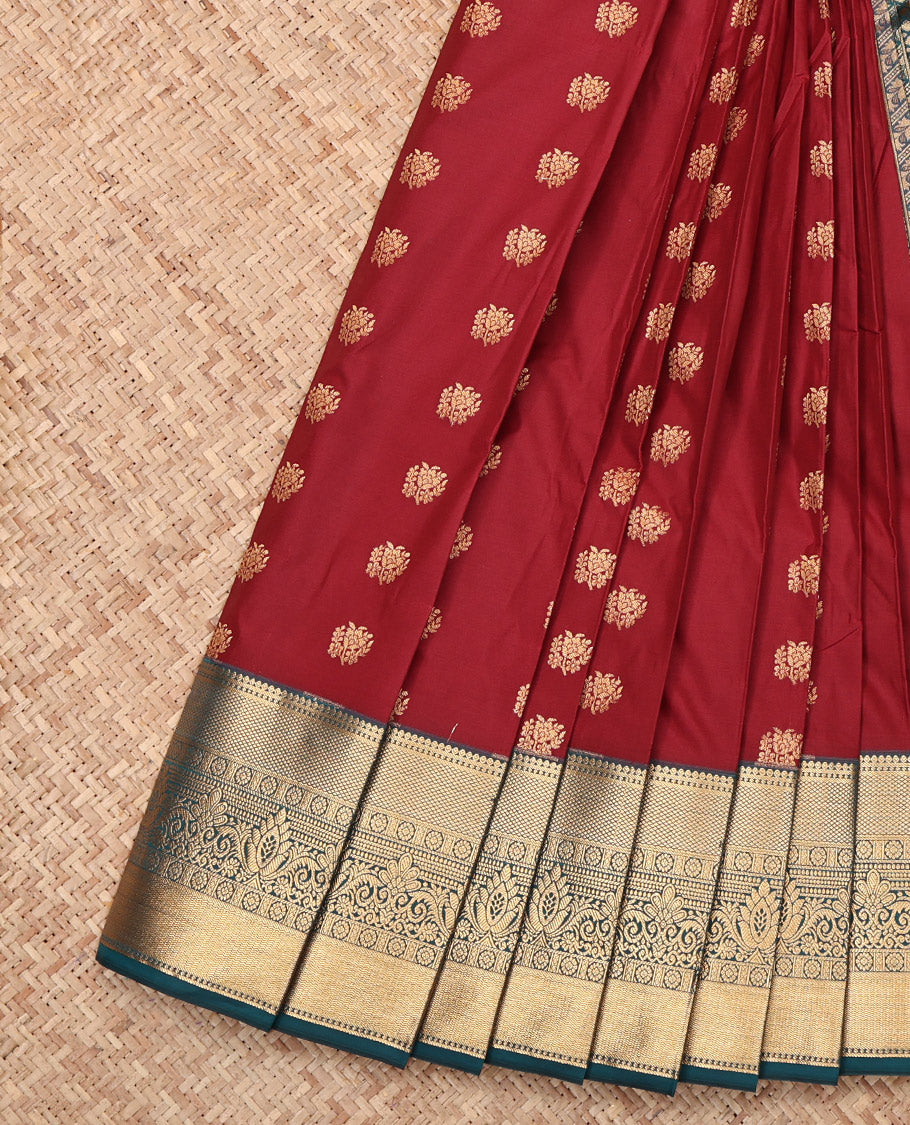 Maroon Budget Silk Saree, Decorated with Zari Buttas, Complemented by a Contrast Traditional Zari Border, Grand Pallu, and Contrast Blouse