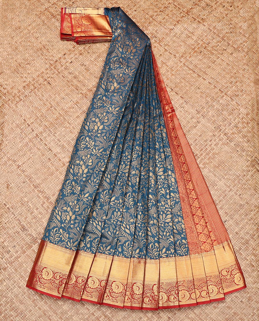 Blue Budget Silk Saree, Highlighted with Jacquard, Complemented by a Contrast Traditional Zari Border, Intricate Pallu, and a Contrast Blouse