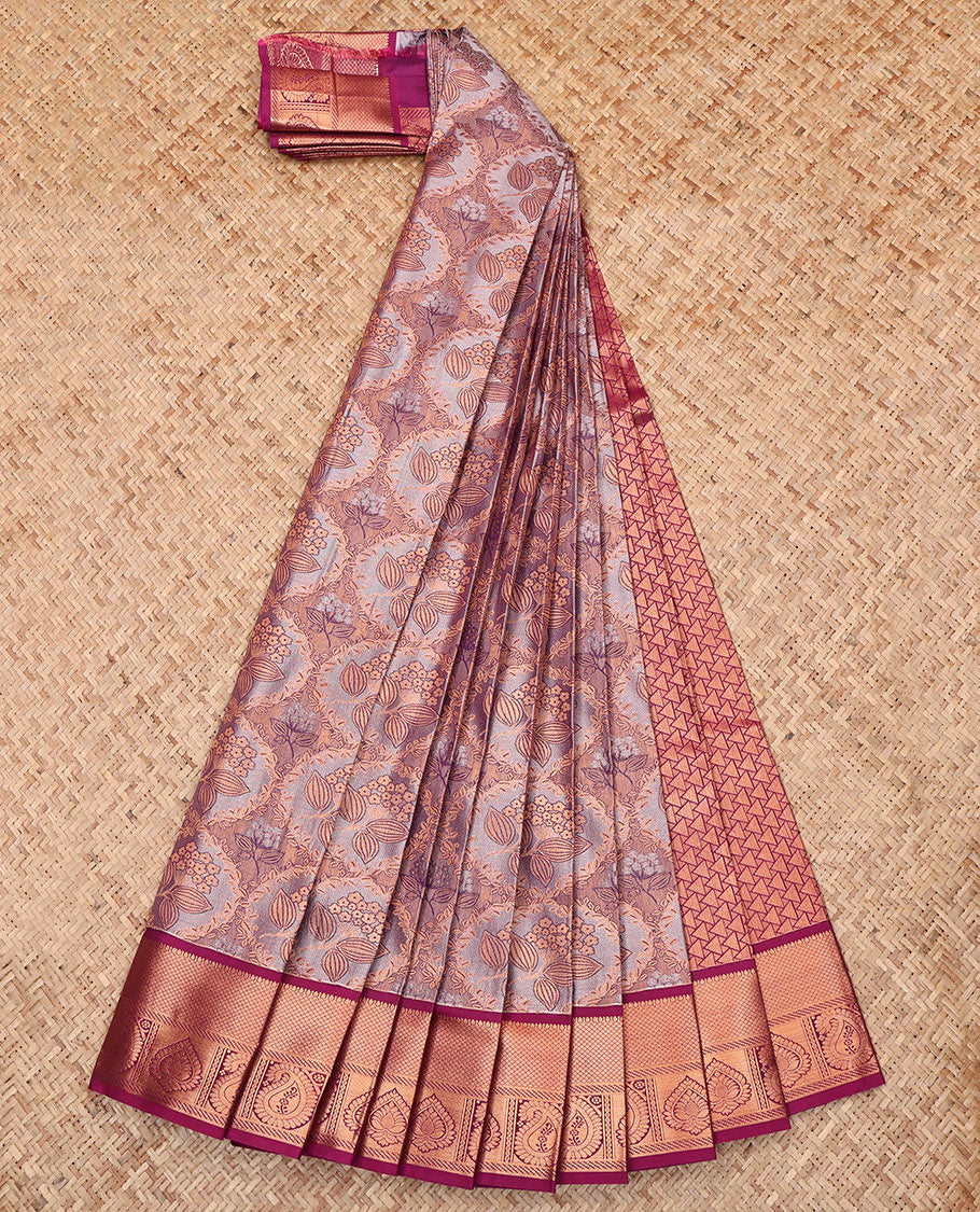 Grey Budget Silk Saree, Elevated with a Jacquard Design, Complemented by a Contrast Traditional Zari Border, Geometric Pallu, and Contrast Blouse