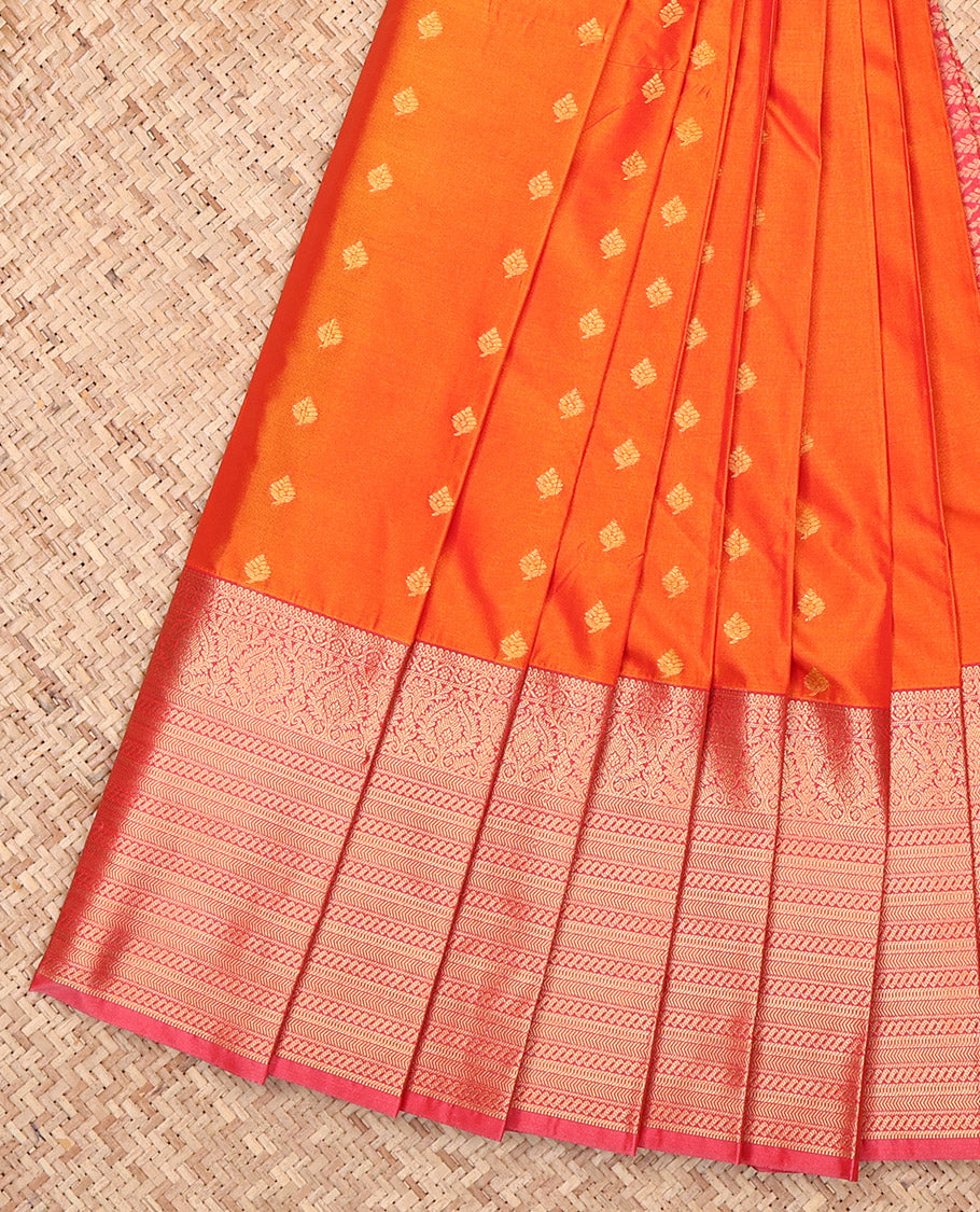 Orange Budget Silk Saree, Gleamed Up with Zari Buttas, Complemented by a Contrast Traditional Zari Border, Grand Pallu, and a Contrast Blouse