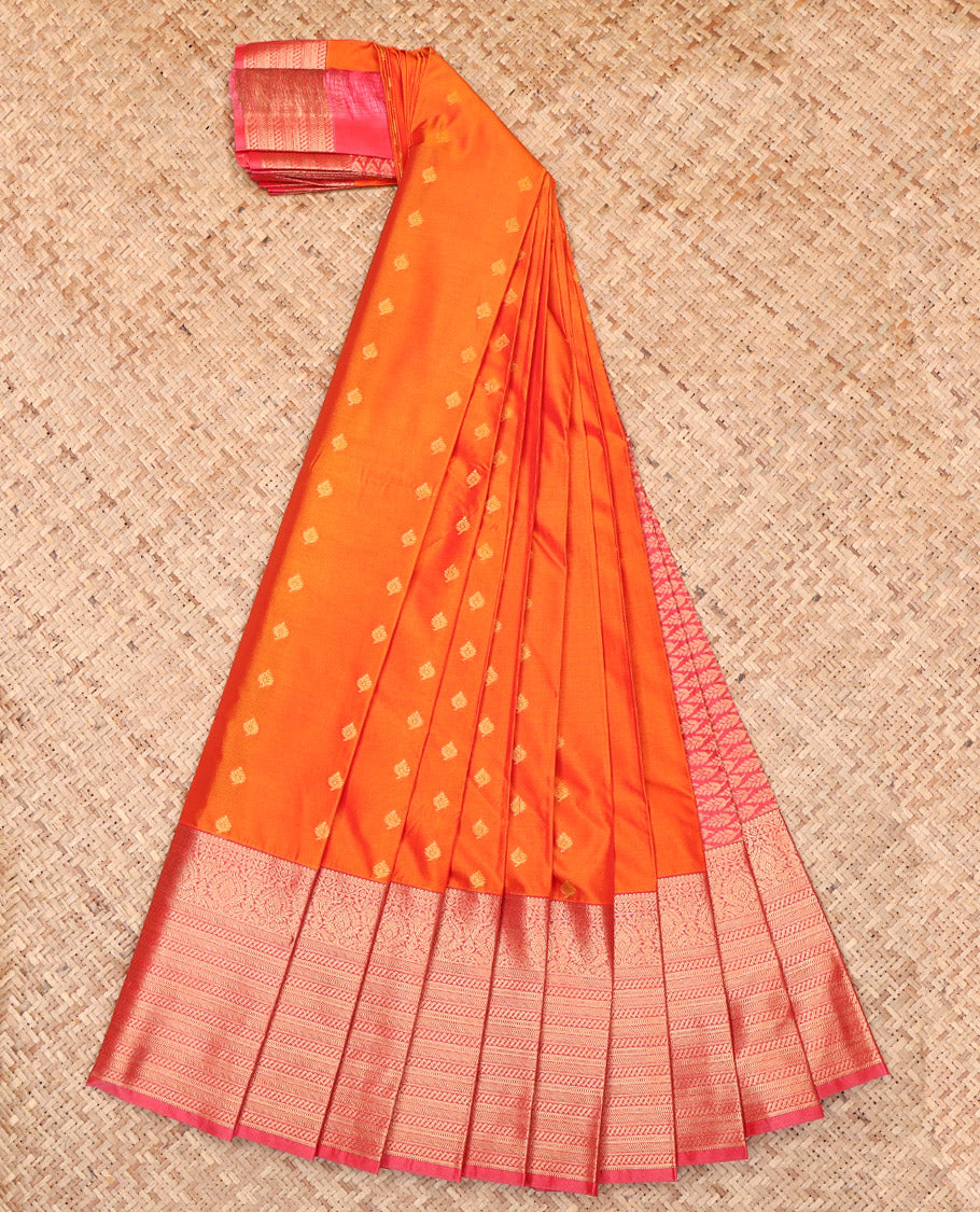 Orange Budget Silk Saree, Gleamed Up with Zari Buttas, Complemented by a Contrast Traditional Zari Border, Grand Pallu, and a Contrast Blouse