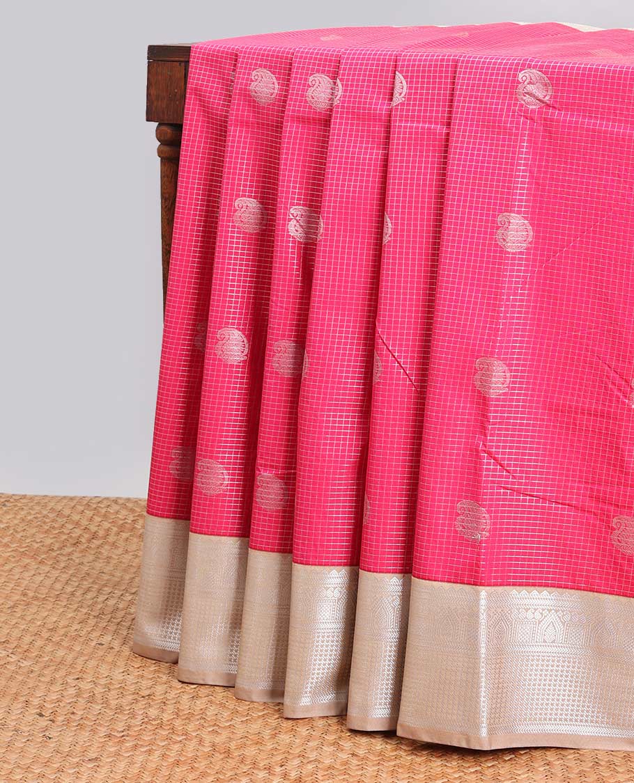 pink checked, leaf motifs gift saree with contrast zari design border & checked zari design pallu