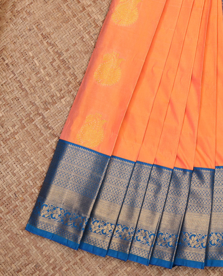 Orange Budget Silk Saree, Graced with Zari Buttas, Complemented by a Contrast Traditional Zari Border, Grand Pallu, and a Contrast Blouse