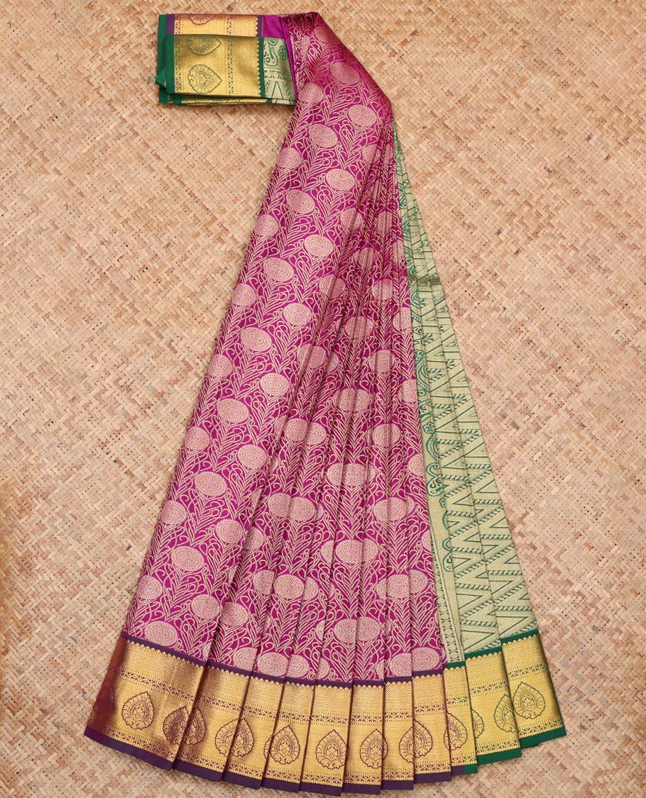 Wine Budget Silk Saree, Featuring Jacquard Design, Complemented by Contrast Traditional Zari Border, a Geomentric Pallu and a Contrast Blouse