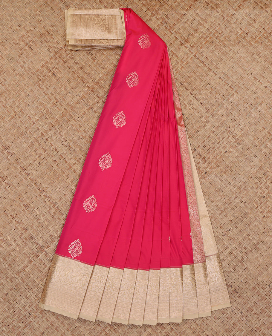 Pink Budget Silk Saree, Elevated with Zari Buttas, Complemented by a Contrast Traditional Zari Border, Grand Pallu, and a Contrast Blouse