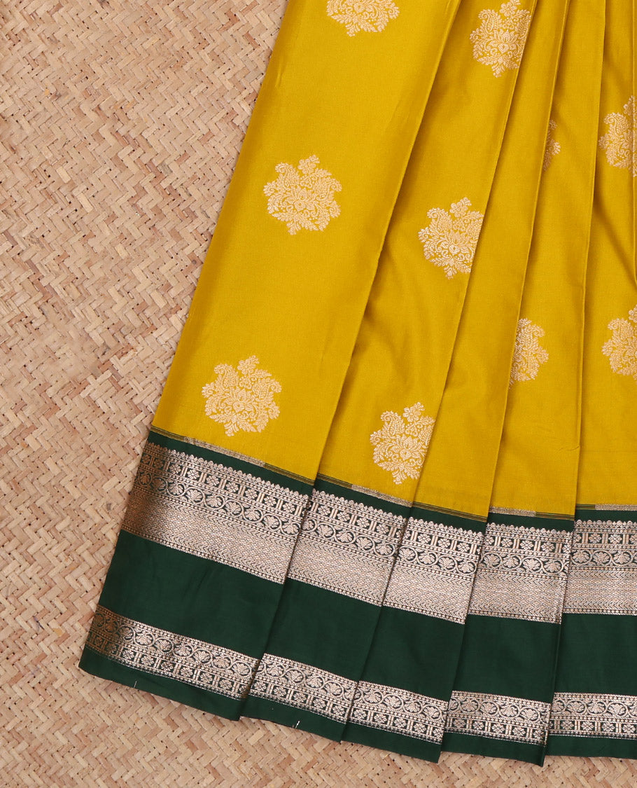 Mustard Budget Silk Saree Featuring Zari Buttas, a Contrast Traditional Border, Grand Pallu, and a Contrast Blouse