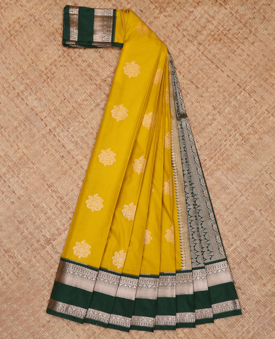 Mustard Budget Silk Saree Featuring Zari Buttas, a Contrast Traditional Border, Grand Pallu, and a Contrast Blouse