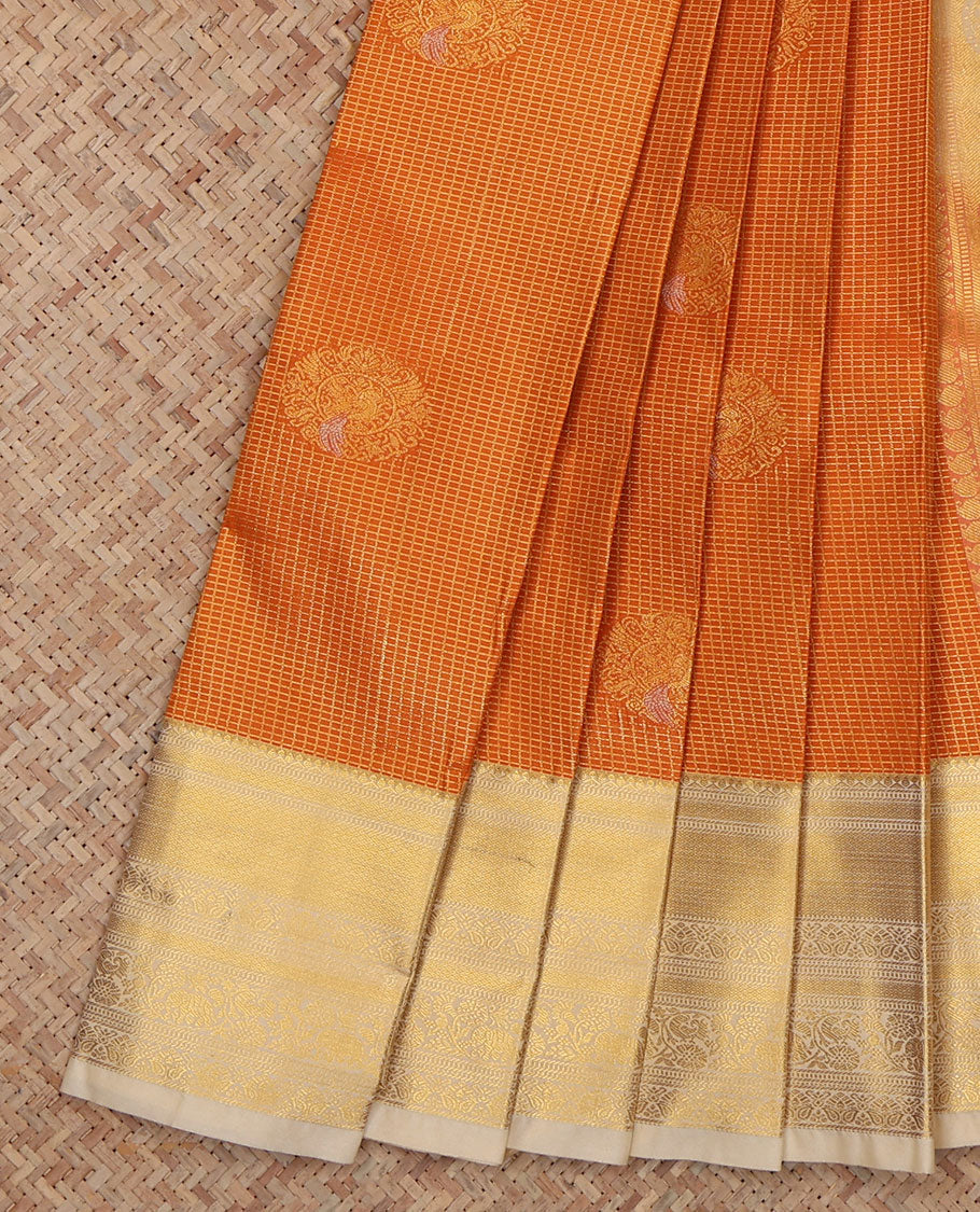 Orange Budget Silk Saree, Ornamented with Peacock Buttas and Checks, a Contrast Traditional Zari Border, an Intricate Pallu and a Contrast Blouse