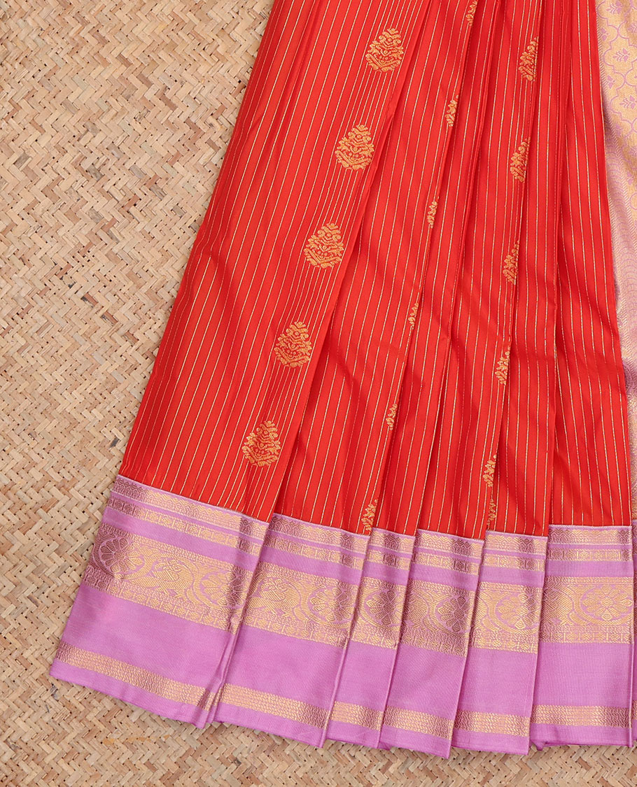 Red Budget Silk Saree, Enriched with Zari Buttas and Stripes, Complemented by Contrast Traditional Rettai Pettu Border, a Jaal Pallu and a Contrast Blouse