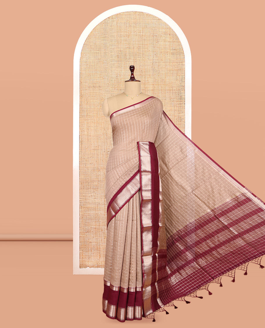 Fawn Assam Silk Saree, Featuring Zari Checks, Complemented by Contrast Traditional Zari Border, Zari Checked Pallu, and Contrast Blouse