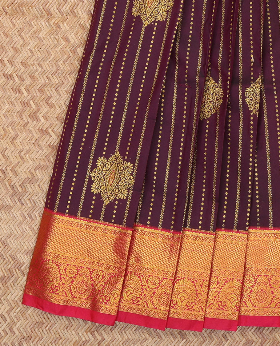 Brown Budget Silk Saree, Graced with Zari Buttas and Stripes, Complemented by a Contrast Traditional Zari Border, Grand Pallu, and Contrast Blouse