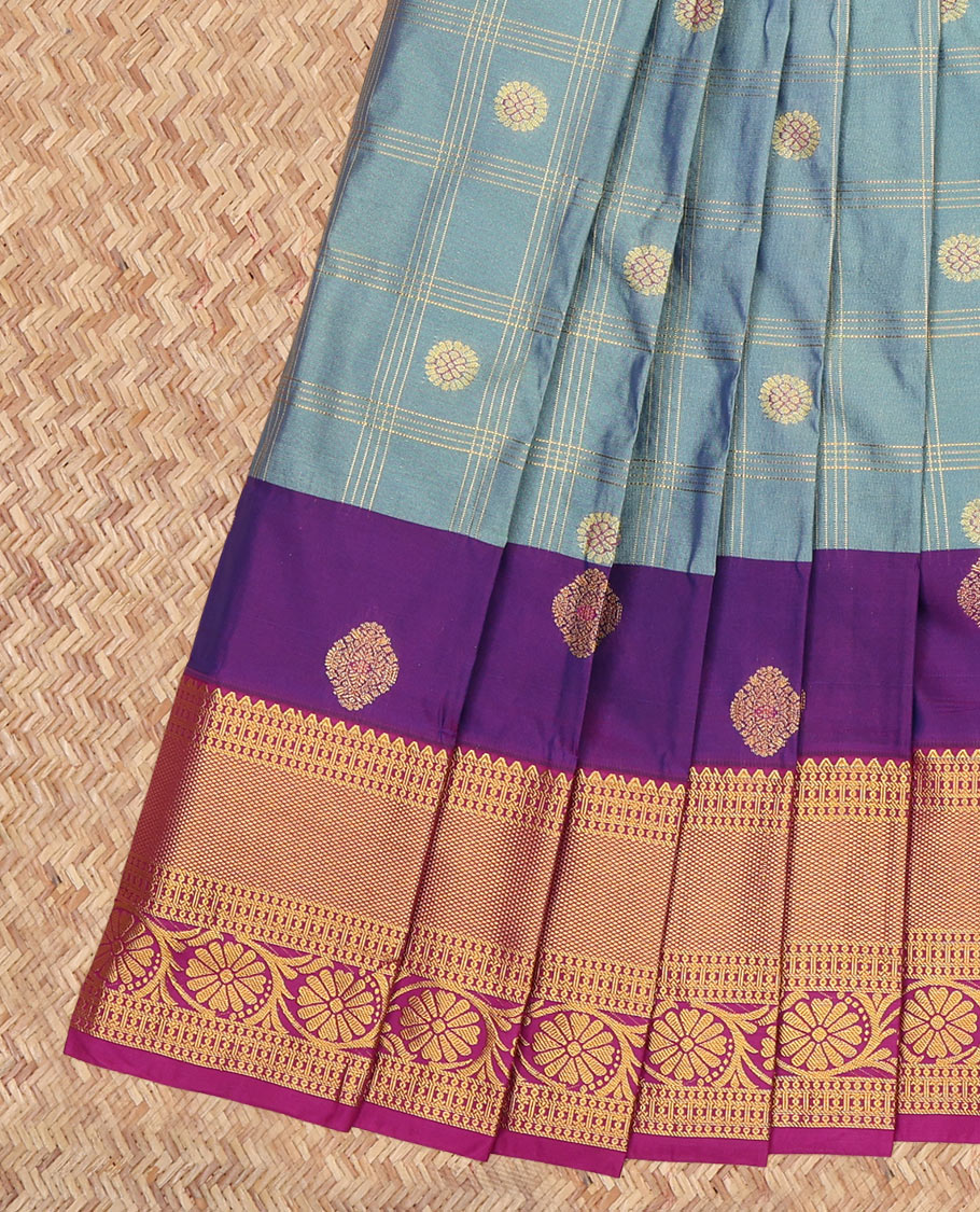 Blue Budget Silk Saree, Elevated with Zari Buttas Enclosed Checks, a Contrast Traditional Zari Border, Grand Pallu, and a Contrast Blouse