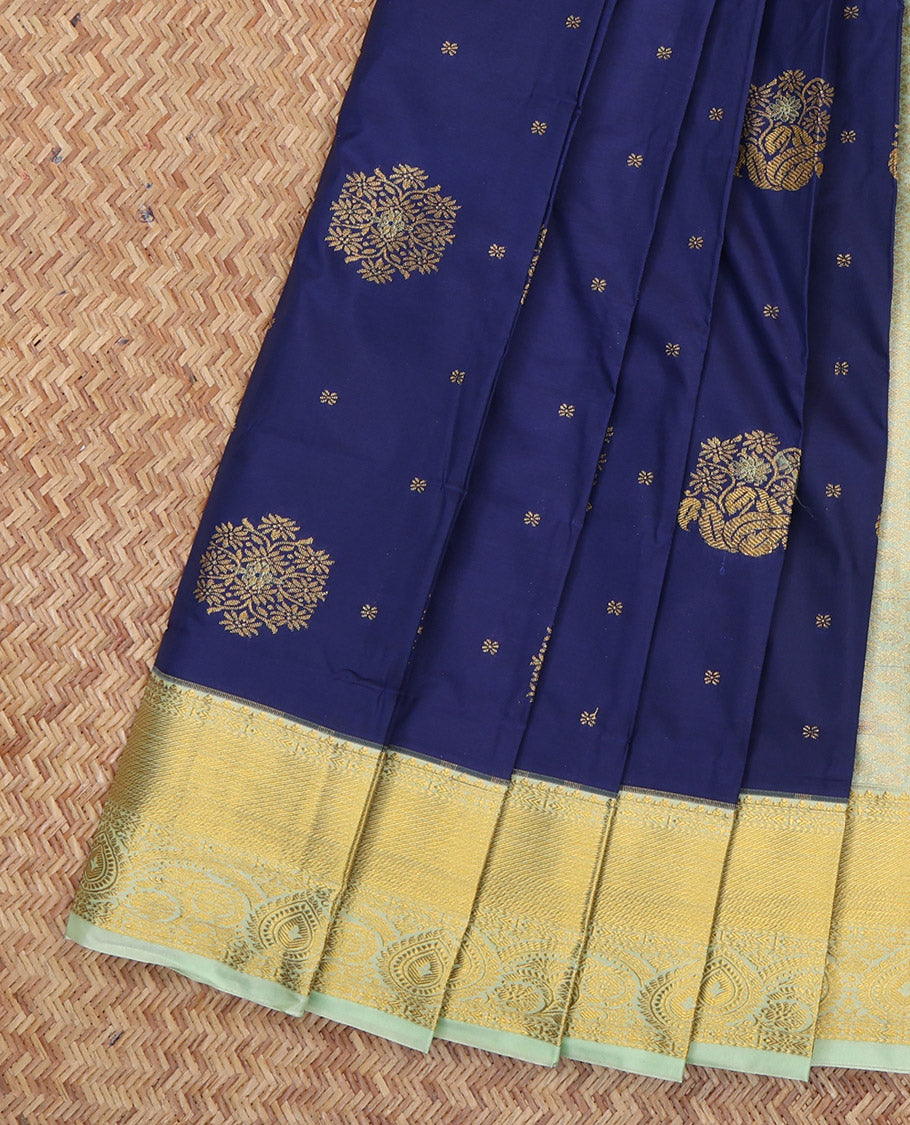 Navy Blue Budget Silk Saree, Detailed with Zari Buttas, a Contrast Traditional Zari Border, Grand Pallu, and a Contrast Blouse