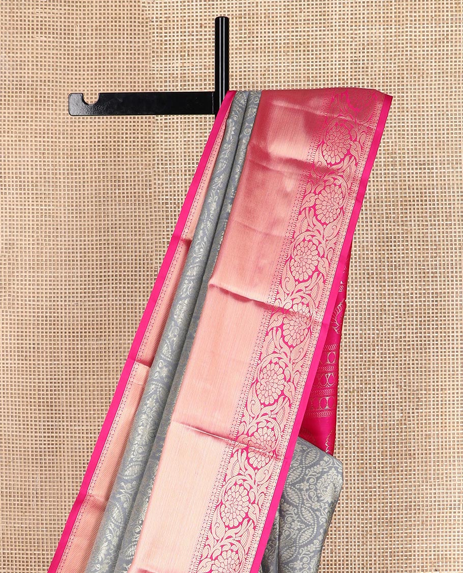 Grey floral jacquard budget silk saree, contrast traditional zari border, and traditional motifs steeped pallu