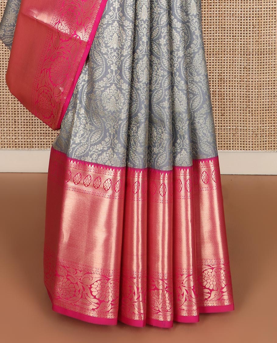 Grey floral jacquard budget silk saree, contrast traditional zari border, and traditional motifs steeped pallu