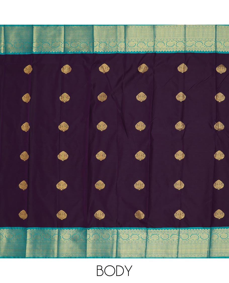 Purple zari buttas gift saree, contrast traditional zari design border, and jaal pallu