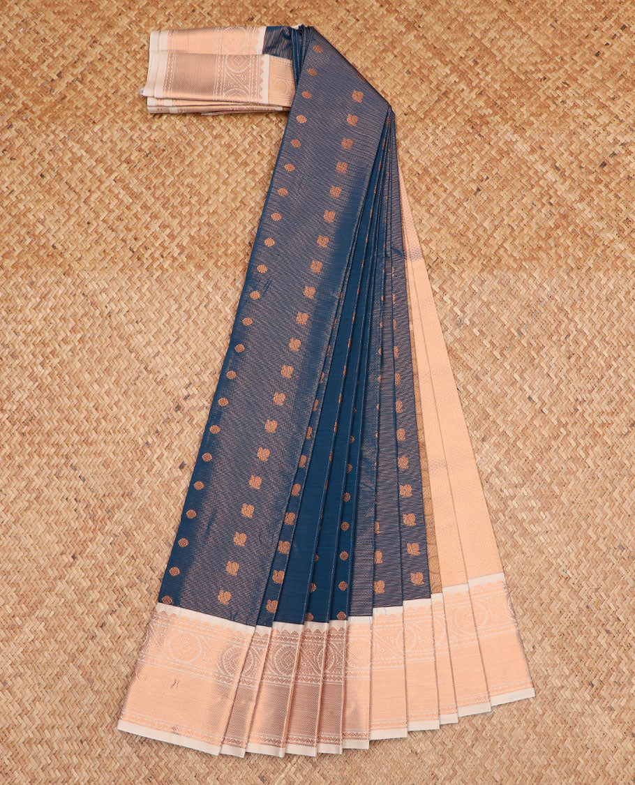 Blue jacquard gift saree, contrast traditional zari design border, and intricate pallu