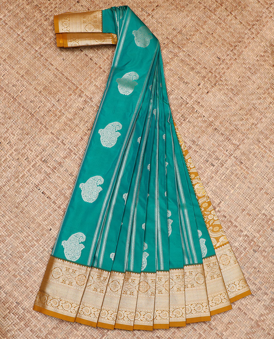 Persian Green Budget Silk Saree Adorned with Paisley Zari Buttas, Complemented by a Contrast Traditional Zari Border, a Zari-Design Detailed Pallu, and a Contrast Zari-Bordered Blouse