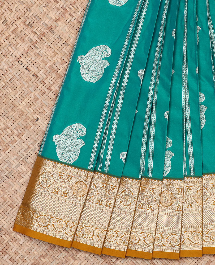 Persian Green Budget Silk Saree Adorned with Paisley Zari Buttas, Complemented by a Contrast Traditional Zari Border, a Zari-Design Detailed Pallu, and a Contrast Zari-Bordered Blouse