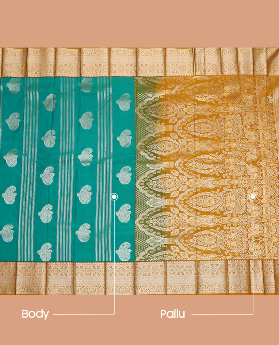 Persian Green Budget Silk Saree Adorned with Paisley Zari Buttas, Complemented by a Contrast Traditional Zari Border, a Zari-Design Detailed Pallu, and a Contrast Zari-Bordered Blouse