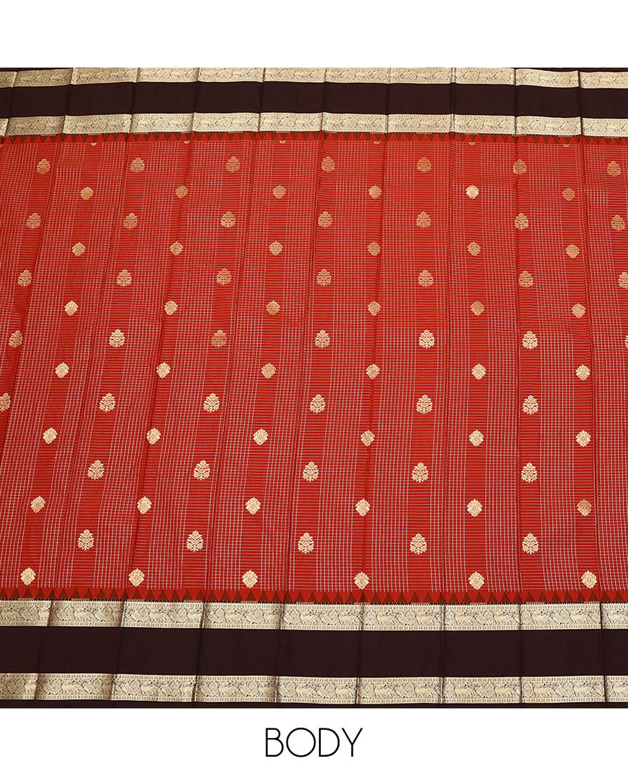 Red zari buttas and checked budget silk saree, contrast traditional zari design border, and jaal pallu