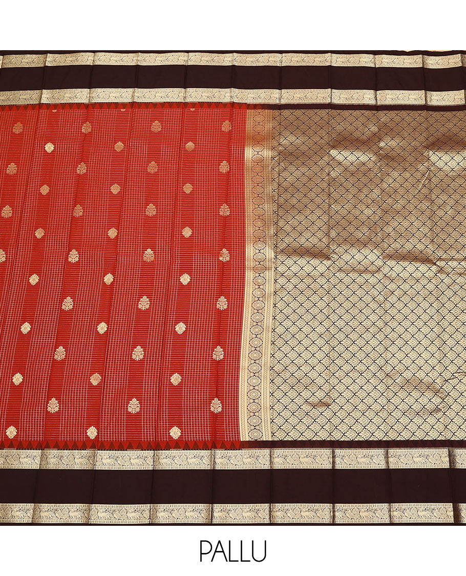 Red zari buttas and checked budget silk saree, contrast traditional zari design border, and jaal pallu