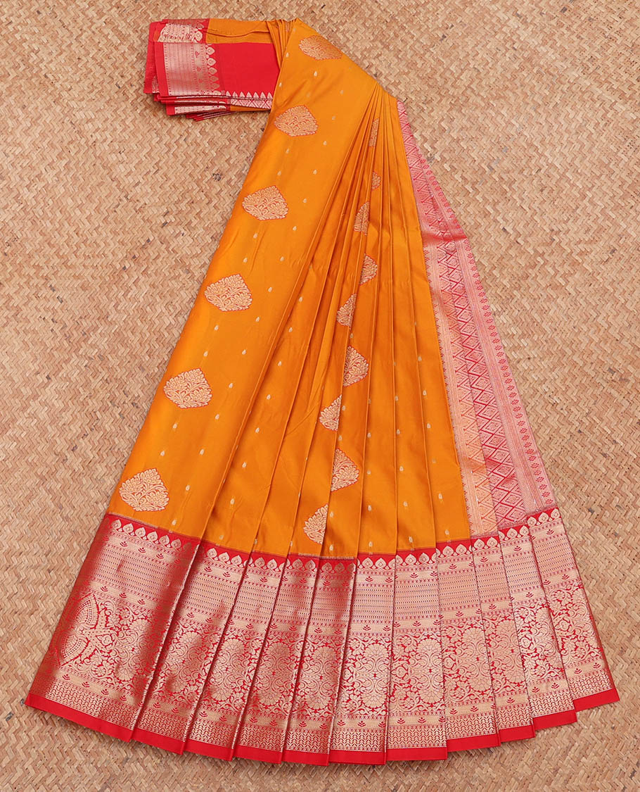 Orange Budget Silk Saree, Bedecked with Zari Buttas, Complemented by a Contrast Traditional Zari Design Border, Grand Pallu, and a Contrast Blouse