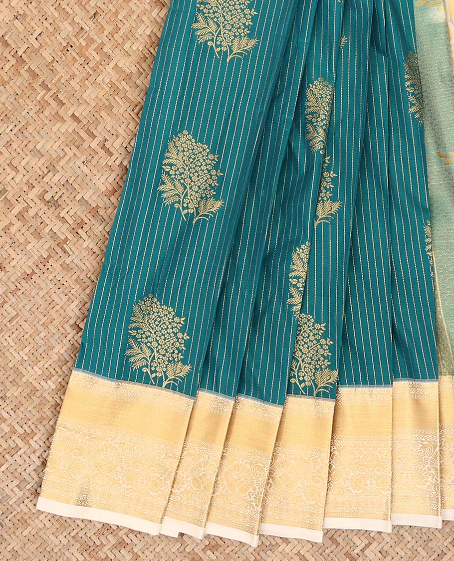 Peacock blue zari buttas and striped gift saree, contrast traditional zari design border, and zari design pallu