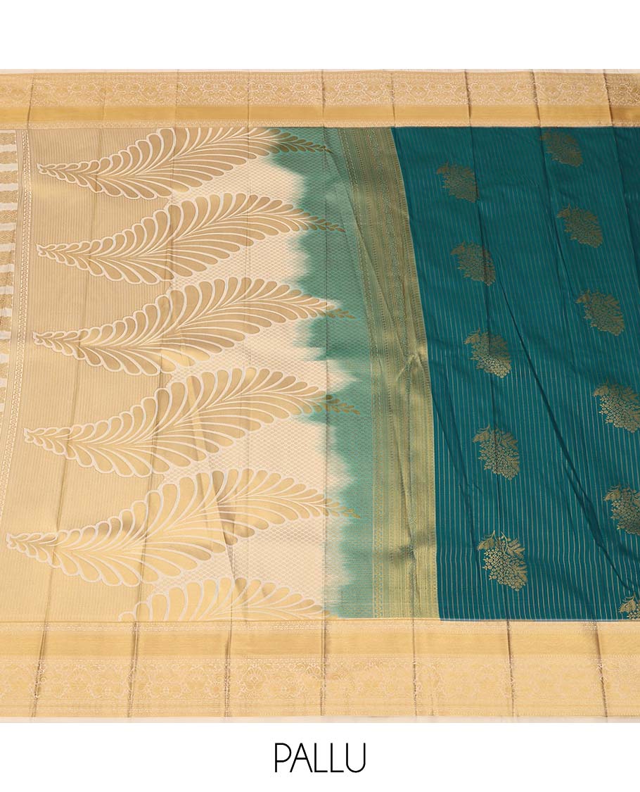 Peacock blue zari buttas and striped gift saree, contrast traditional zari design border, and zari design pallu