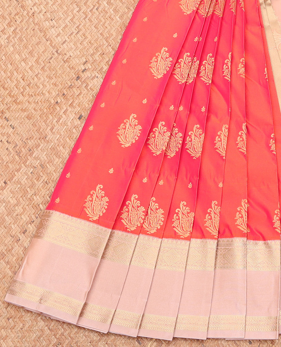 Orange Budget Silk Saree, Detailed with Zari Buttas, Complemented by a Contrast Traditional Zari Rettai Pettu Border, Grand Pallu, and a Contrast Blouse