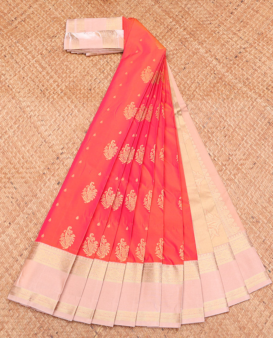 Orange Budget Silk Saree, Detailed with Zari Buttas, Complemented by a Contrast Traditional Zari Rettai Pettu Border, Grand Pallu, and a Contrast Blouse