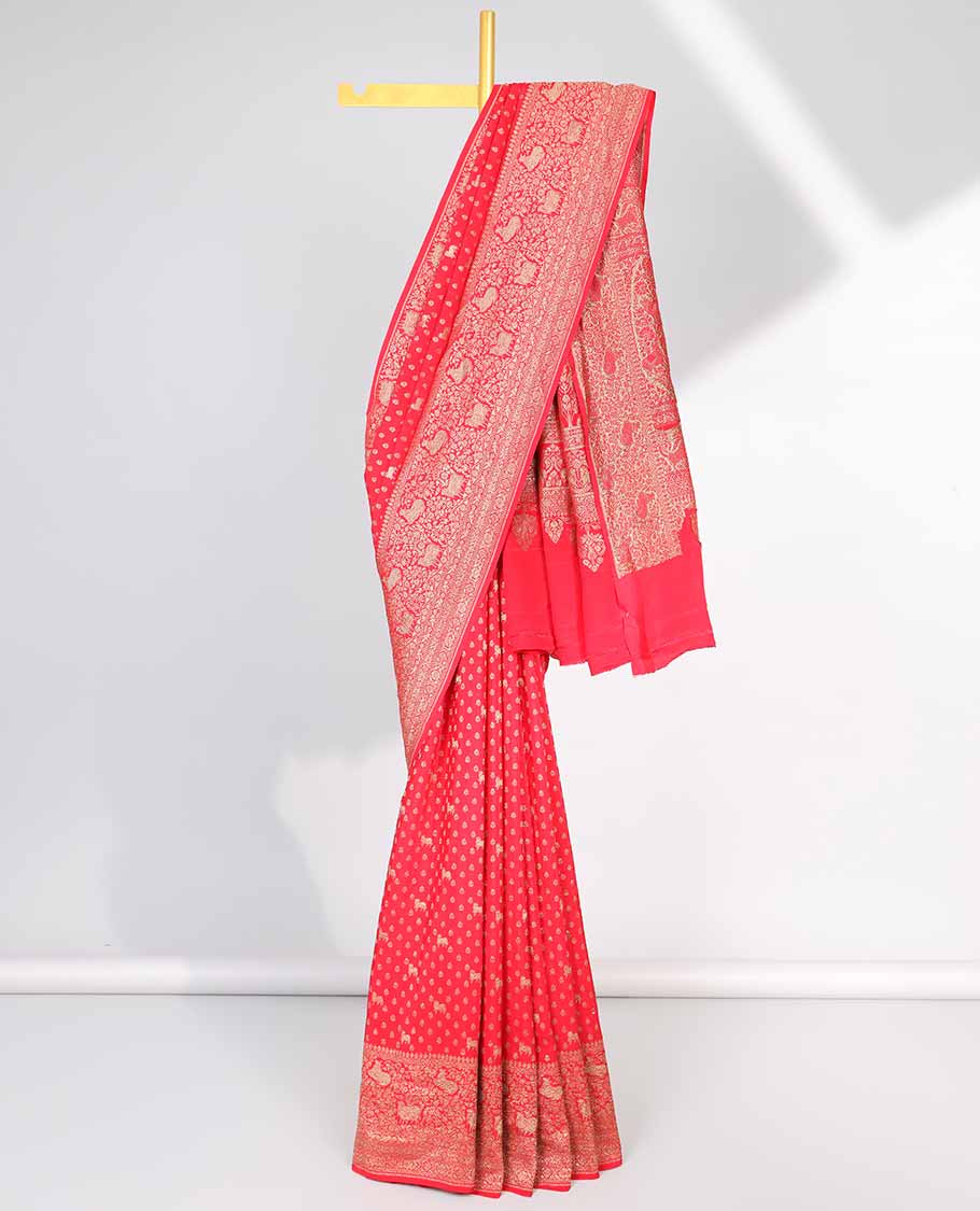 Red floral motifs banaras silk saree with self zari design border & intricate floral zari design pallu
