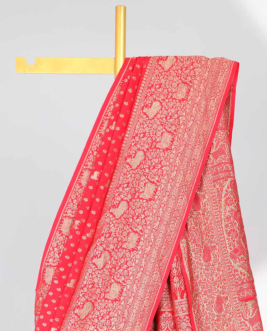 Red floral motifs banaras silk saree with self zari design border & intricate floral zari design pallu