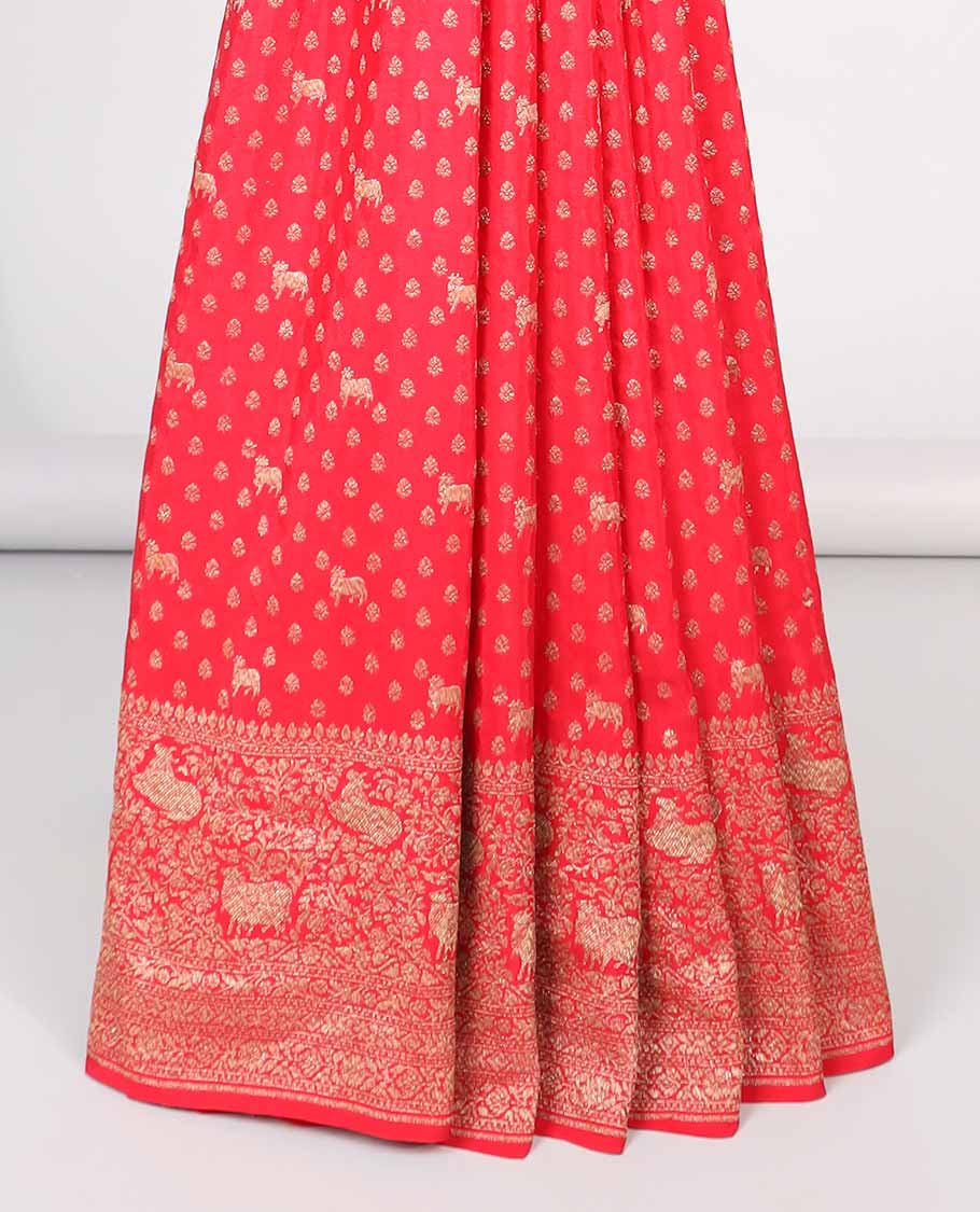 Red floral motifs banaras silk saree with self zari design border & intricate floral zari design pallu