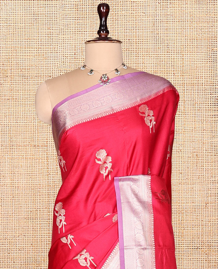 Red Satin Silk Saree, Majestically Detailed with Floral Buttas, Complemented by a Contrast Traditional Zari Border, Grand Jaal Pallu, and a Contrast Blouse