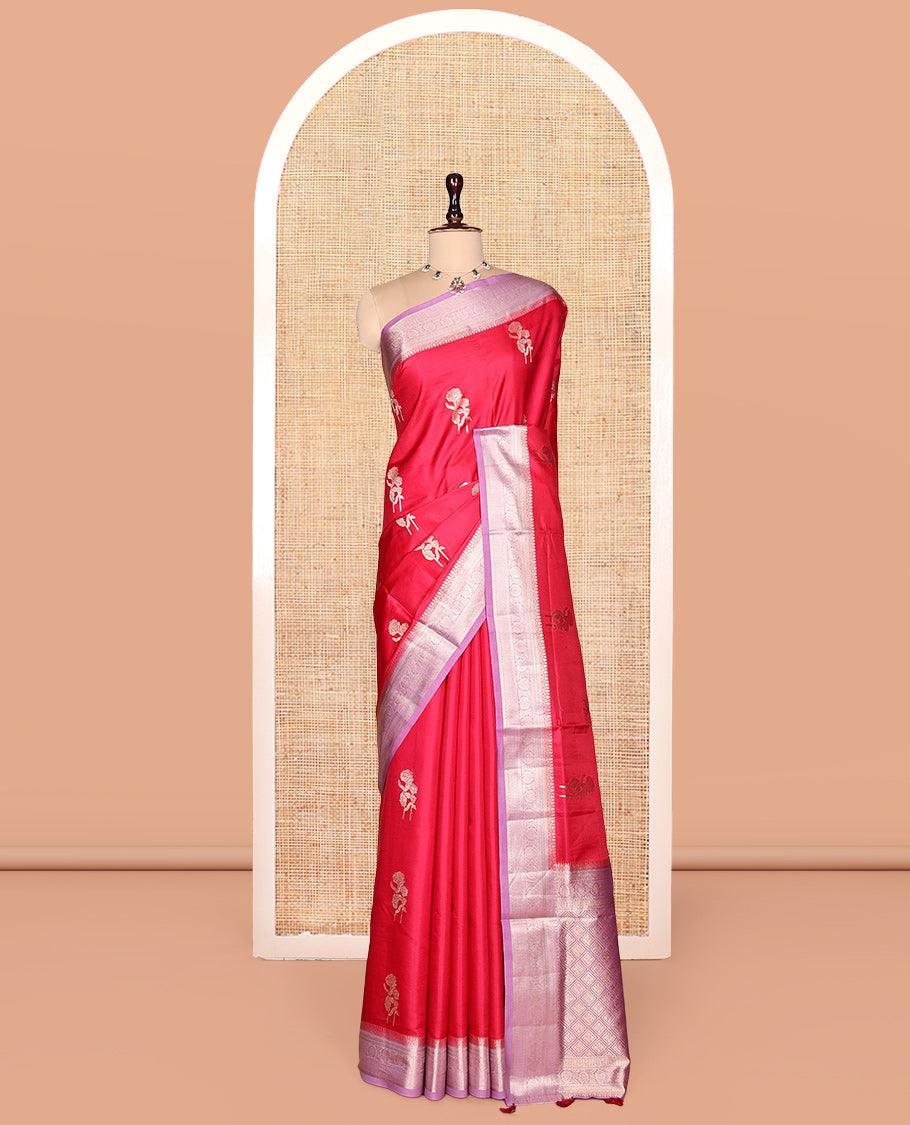 Red Satin Silk Saree, Majestically Detailed with Floral Buttas, Complemented by a Contrast Traditional Zari Border, Grand Jaal Pallu, and a Contrast Blouse