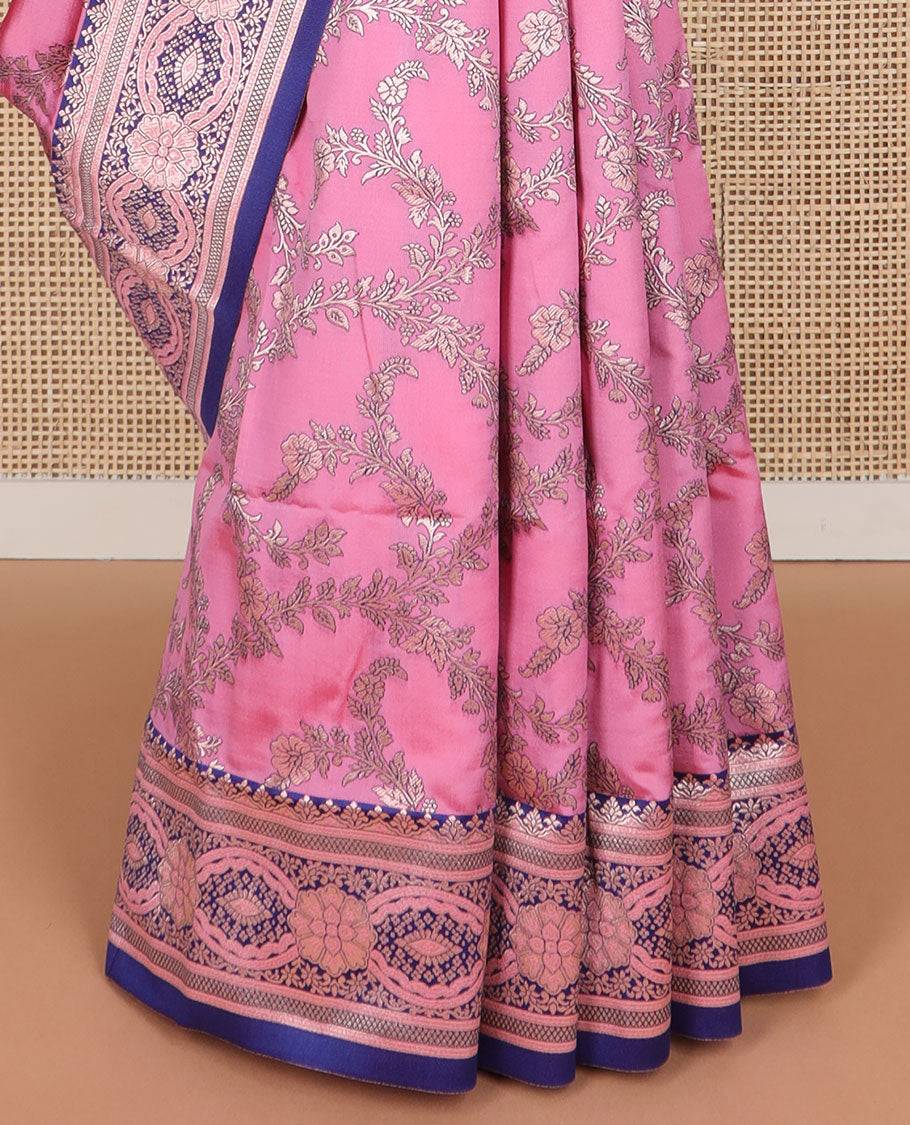 Peach floral jaal design butter silk saree with contrast intricate zari design border & floral design pallu