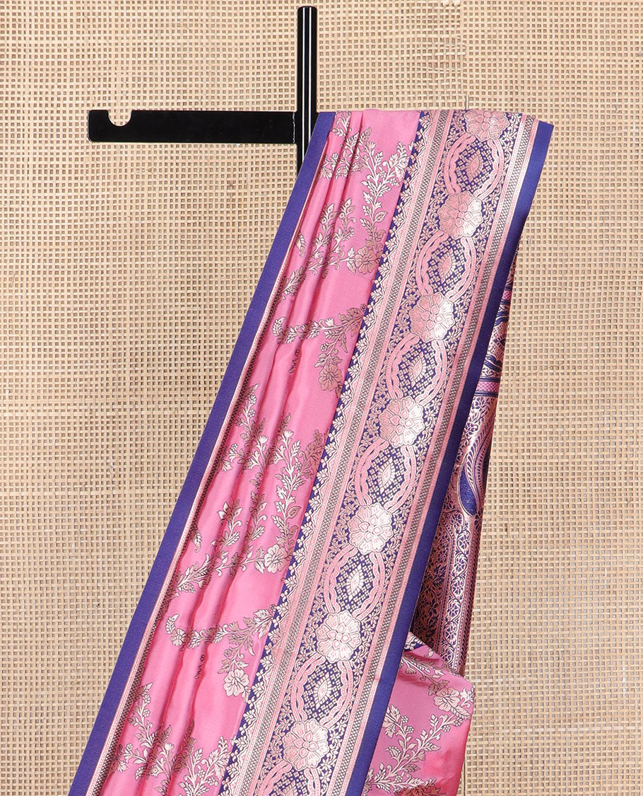 Peach floral jaal design butter silk saree with contrast intricate zari design border & floral design pallu