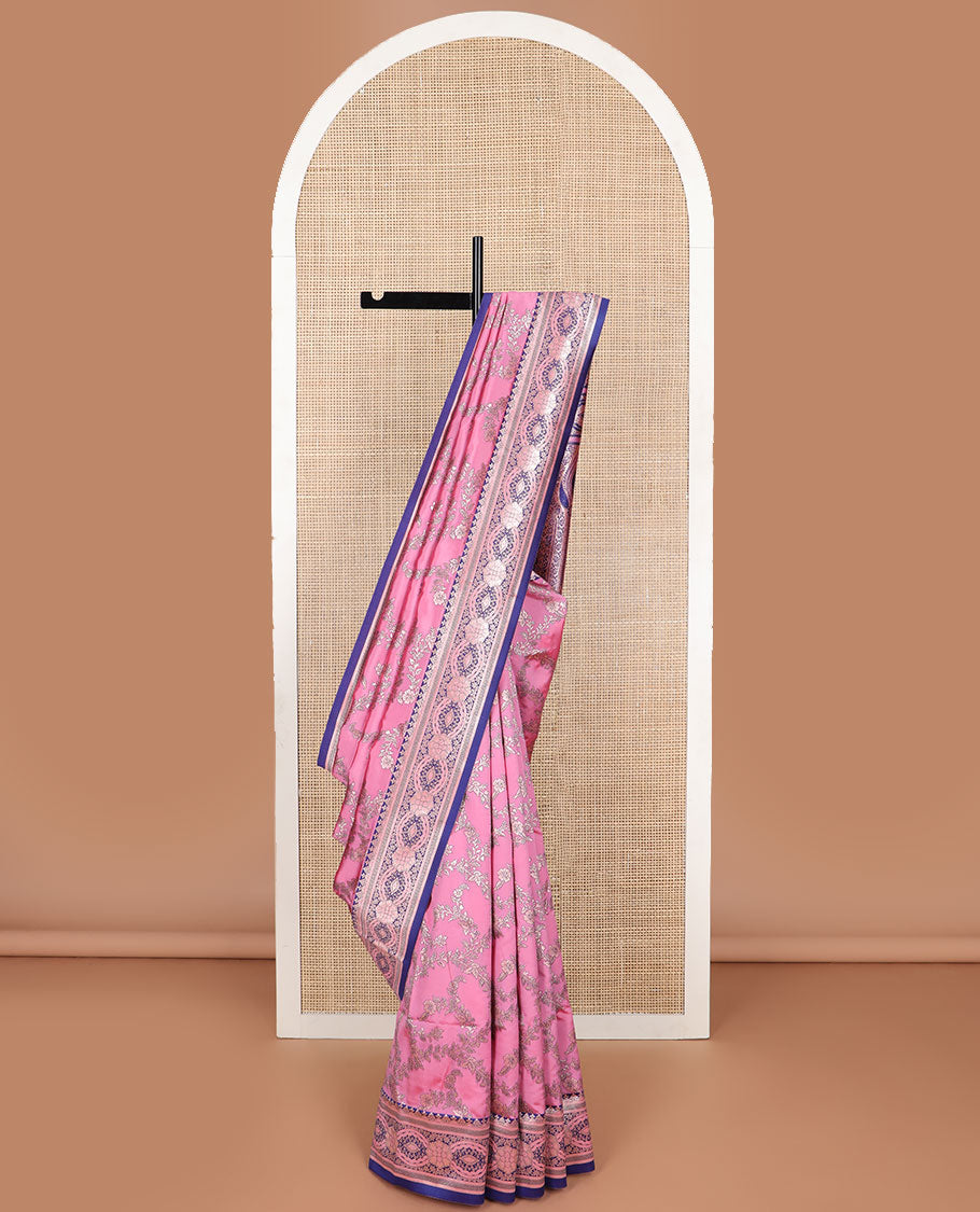 Peach floral jaal design butter silk saree with contrast intricate zari design border & floral design pallu