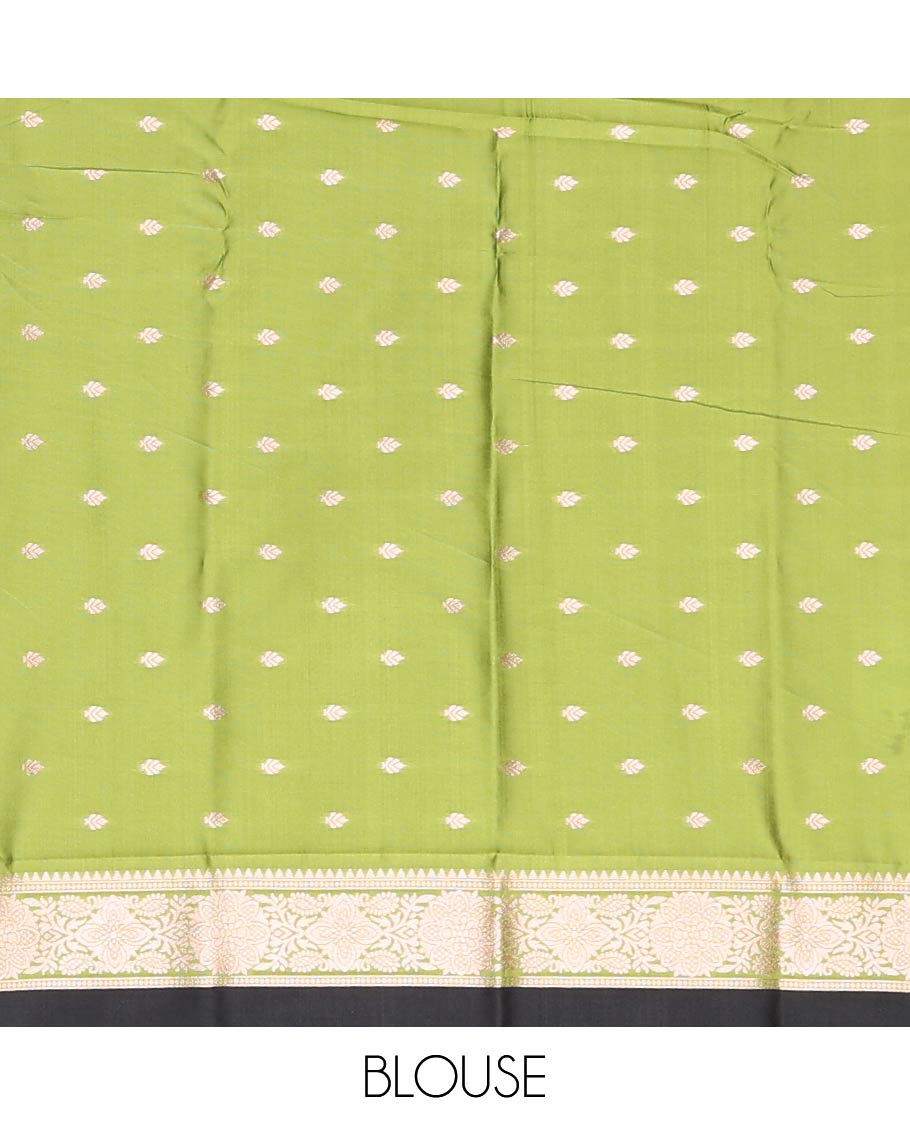 Borderless black zari buttas butter silk saree, contrast rose floral design weave pallu